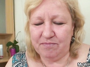 Huge tits old mother in law rides boy's cock