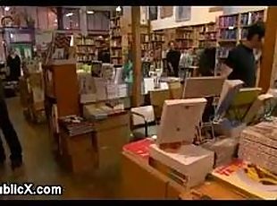 Bound busty blindfolded babe fucked in book store
